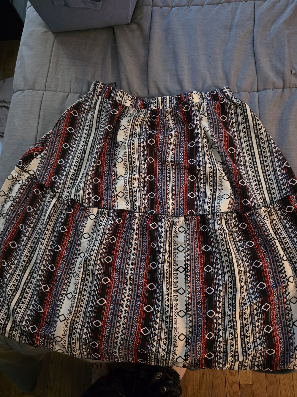BloomChic Red, Black & White Striped Geo Tiered Skirt